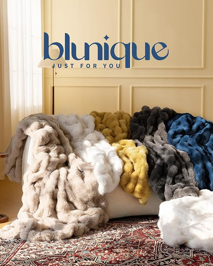 Ultra Soft Cozy Faux Fur Throw Blanket, Fuzzy Plush Thick Bubble Blanket, Oversize Luxury Fluffy Blanket for Couch, Sofa, Bedroom, and Living Room,50x60 Inches,Blue