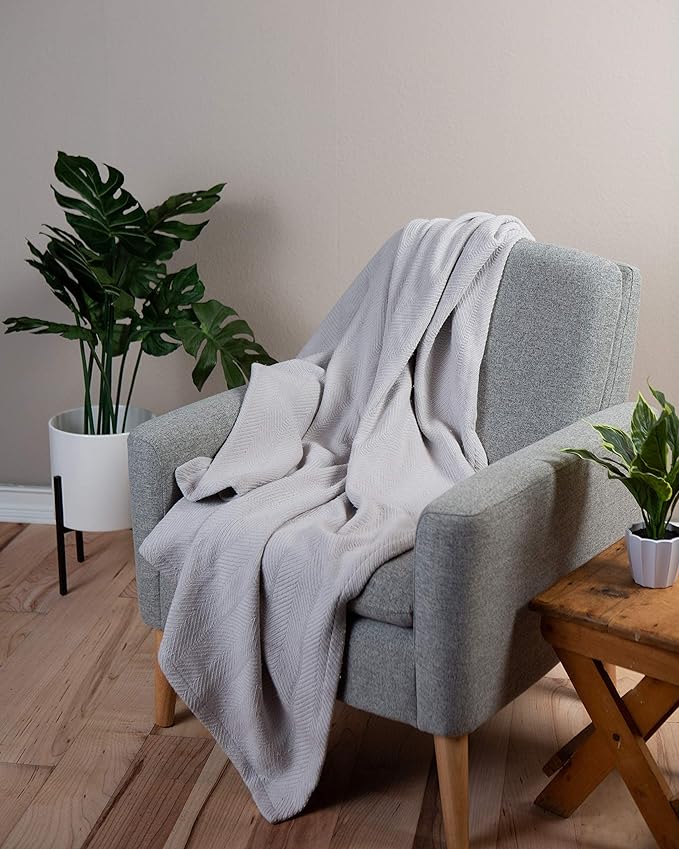 Sticky Toffee Cotton Throw Blanket 60x50 in – Light Gray Woven Lightweight Blanket for Couch or Bed, Soft Herringbone Weave, Boho Farmhouse Style