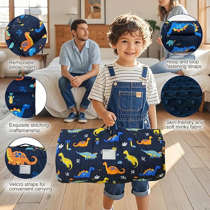david's kids Toddler Nap Mat with Removable Pillow and Minky Fleece Blanket, Ultra Soft Slumber Bags for Boys, Perfect for Preschool, Daycare, Kids Sleeping Bags with Rollup Design, 50"x20", Dinosaur