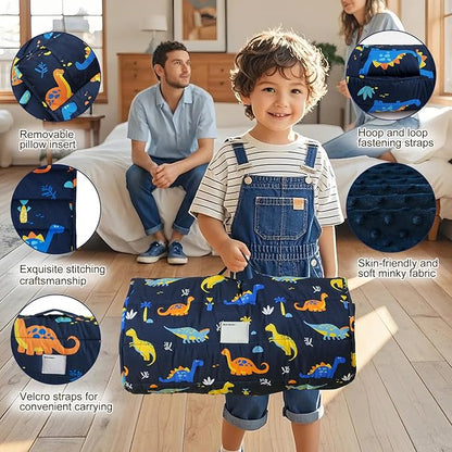 david's kids Toddler Nap Mat with Removable Pillow and Minky Fleece Blanket, Ultra Soft Slumber Bags for Boys, Perfect for Preschool, Daycare, Kids Sleeping Bags with Rollup Design, 50"x20", Dinosaur
