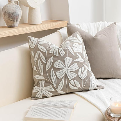 BlissBlush Taupe Velvet Decorative Throw Pillow Cover 20X20, Neutral Brown Flower Tufted Soft Farmhouse Textured Pillowcase, Accent Pillowcase for Couch Sofa Bed Living Room