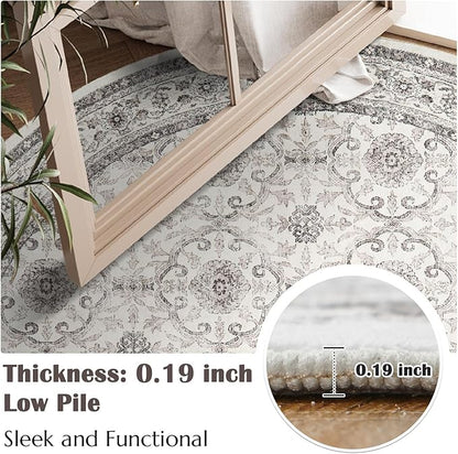 jinchan Round Rug 4ft Washable Circle Soft Rug - Low Pile Vintage 4'Round Indoor Beige Floral Print Stain Resistant Boho Carpet Ultra-Thin Non-Slip for Entryway Nursery Bedroom Dining Room Kitchen