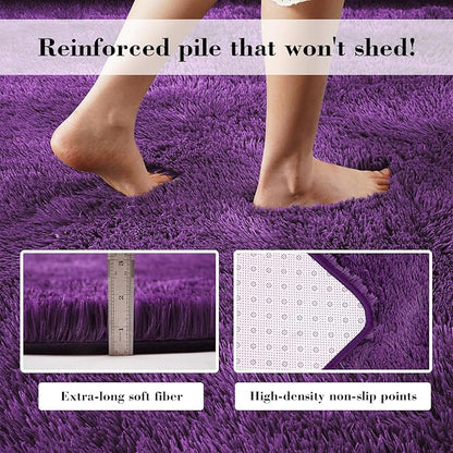 Purple Fluffy Rug Shaggy Area Rug, 3x5 Area Rugs for Girls Bedroom, Soft Cute Baby Play Mat, Indoor Floor Carpet for Teen, Nursery, Preppy Dorm, Plush Aesthetic Bedside Rug