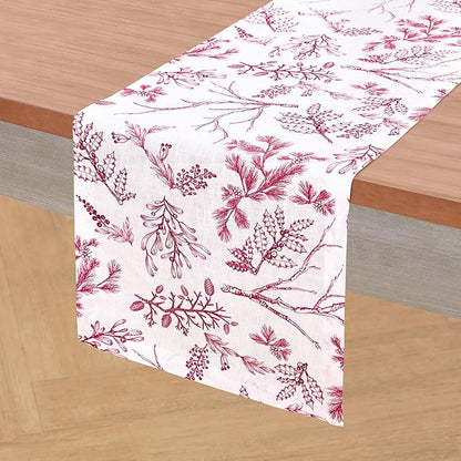 Solino Home 100% Pure Linen Christmas Table Runner 108 Inches Long - Red/White Table Runner 14 x 108 Inch - Handcrafted and Machine Washable - Winter Forest Print