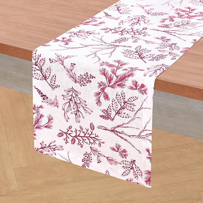 Solino Home 100% Pure Linen Christmas Table Runner 90 Inches Long - Red/White Table Runner 14 x 90 Inch - Handcrafted and Machine Washable - Winter Forest Print