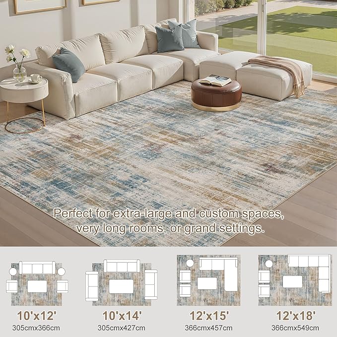 Area Rug for Living Room: 10x12 Washable Neutral Abstract Modern Soft Rugs Non Slip Indoor Floor Stain Resistant Large Carpet for Bedroom Dining Room Office Nursery - Blue Brown