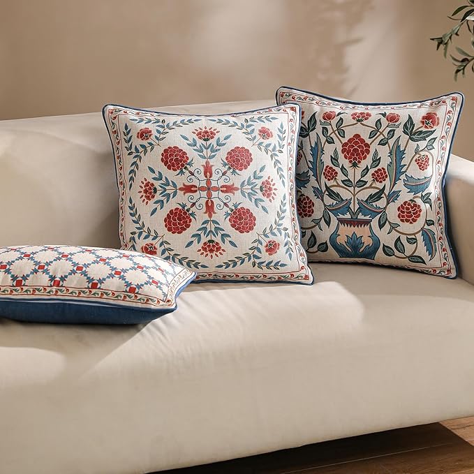 patdrea Designer Throw Pillow Covers,Square Brilliant Vintage Red Tropical Linen with Floral Pattern Pillow Cover,Decorative Pillowcases Cushion for Bed Living Room Outdoor Car,18"x18"