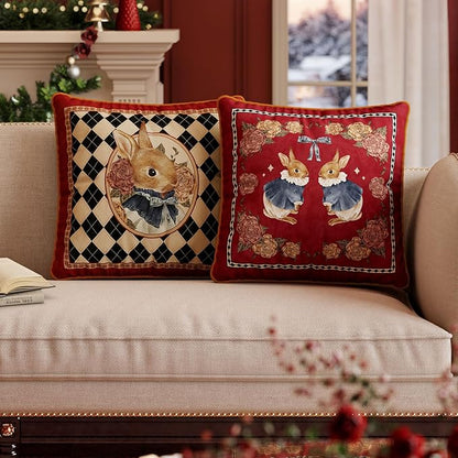 Grandmillennial Bunny Floral Pillow Cover, Velvet Euro Sham Covers Decorative Throw Pillow Covers 18x18 for Couch Sofa Bed Living Room, Christmas & Holiday, Red