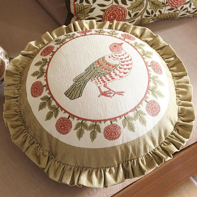 Round Throw Pillow Covers,Brown Cozy Velvet Farmhouse with Bird and Floral Pattern Pillowcases,Decoration Pillows Cushion Covers for Couch Sofa Bed Car Chair,Diameter 16"