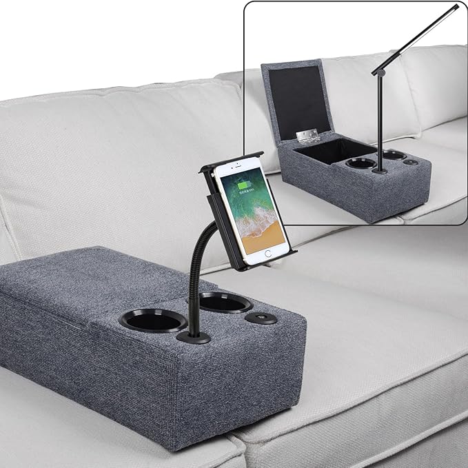 Removable Sofa Armrest, Dual Cup Holders Large Size Multifunctional Couch Caddy Storage Arm Rest with Power Wireless Charging Stand & LED Reading Light for Sofa Middle Seat Adjustable