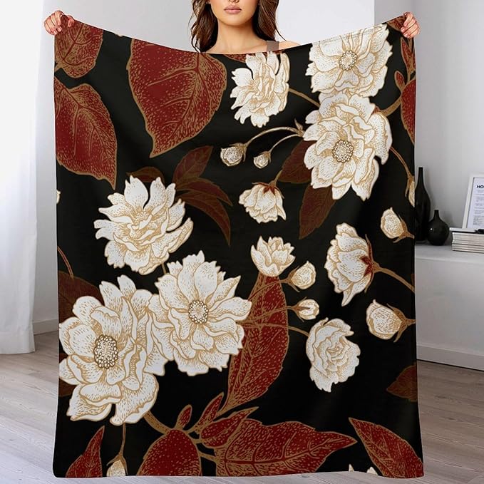 Red Gold Floral Blanket, Boho Dark Flower Leaves Chinese Plum Blossoms Botanical Vintage Throw Blanket for Bed Living Room Bedding Couch Soft Lightweight Warm Cozy Decor, 50"x60"