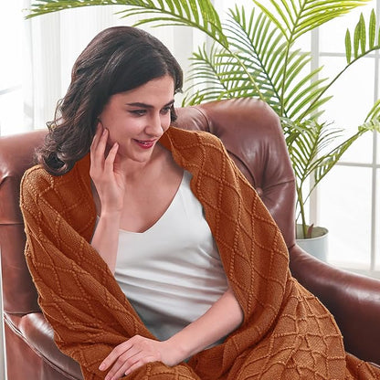inhand Knitted Throw Blankets for Couch and Bed, Soft Cozy Knit Blanket with Tassel, Orange Rust Lightweight Decorative Blankets and Throws, Farmhouse Warm Woven Blanket for Men and Women, 60"x80"