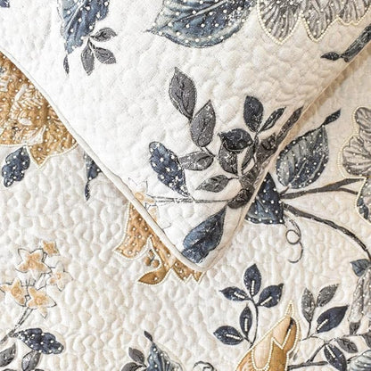 The HomeCentric King/Queen/Twin Blue & Ivory Decorative Full 68"x18" Bed Runner with 2 Pillow Cover, Bird, Pearl & Quilted Bed Scarf on Linen Fabric - Vintage Birdena