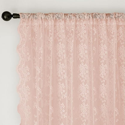 Anmao Vintage Lace Curtains 96 Inches Long 2 Panels Set, Romantic Elegant Light Filtering Semi Sheer Floral Thick Lacy Curtain Drapes for Living Room and Bedroom, Each Panel 55W x 96L, Blush Pink