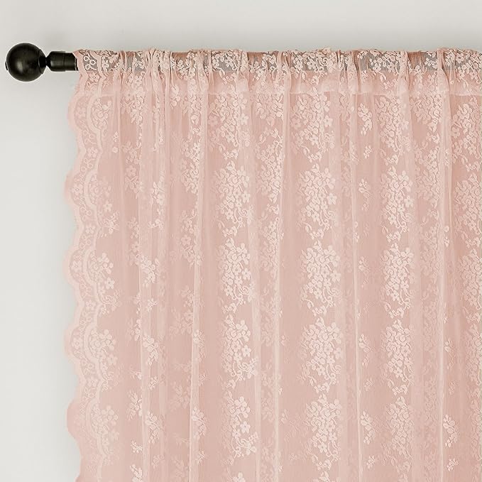 Anmao Vintage Lace Curtains 84 Inches Long 2 Panels Set, Romantic Elegant Light Filtering Semi Sheer Floral Thick Lacy Curtain Drapes for Living Room and Bedroom, Each Panel 55W x 84L, Blush Pink