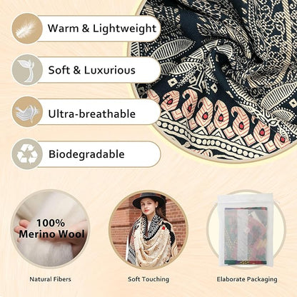 DANA XU 100% Merino Wool Pashmina Shawl for Women 96"x43", Oversized Cashmere Wrap with Tassels, Floral Travel Blanket Cape