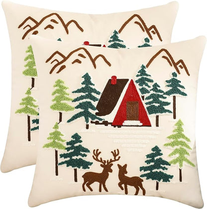 LUOYEHK Christmas Pillow Covers 18x18 Set of 2 House and Deer Decorative Beige Pillow Cases Winter Holiday Velvet Embroidered Cushion Covers for Couch Sofa Bed