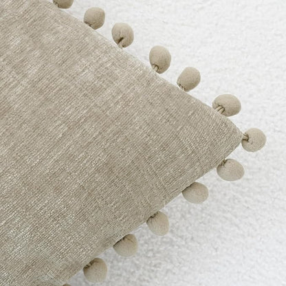 CaliTime Throw Pillow Covers Decorative 18 X 18 Inches Pack of 2 Cozy Solid Dyed Soft Chenille Cushion Cases with Pom Poms for Couch Sofa Bed Living Room Home Taupe