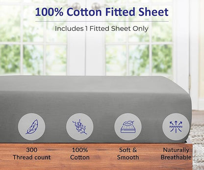 ROYALE LINENS 300 Thread Count 100% Long Staple Combed Cotton Fitted Sheet Full - Super Soft Deep Pocket Bottom Sheet - Fitted Sheets Only - Elastic Sheets (Full, Silver)