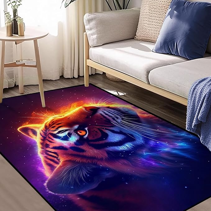 Galaxy Tiger Rug 3D Fierce Tigers Area Rugs for Bedroom Living Room Playroom Gameroom Boys Kids Fire Glitter Carpet Throw Rugs Floor Mat 59 in x 39 in