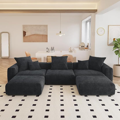 JACH 141" Oversized Modular Sectional Sofa, Deep 3-Seats Sectional Couch with Chaise Ottomans, Huge Plus Convertible Soft Sofas, Corduroy Minimalist Couches for Living Room, Apartment, Black
