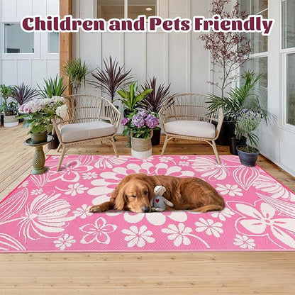 Ileading Outdoor Plastic Straw Rug 5x8ft Funny Floral Style Reversible Patio Area Rugs Waterproof Non Shedding Portable Carpets for Rv Outside Deck Pool Beach Picnic Camping (Pink)