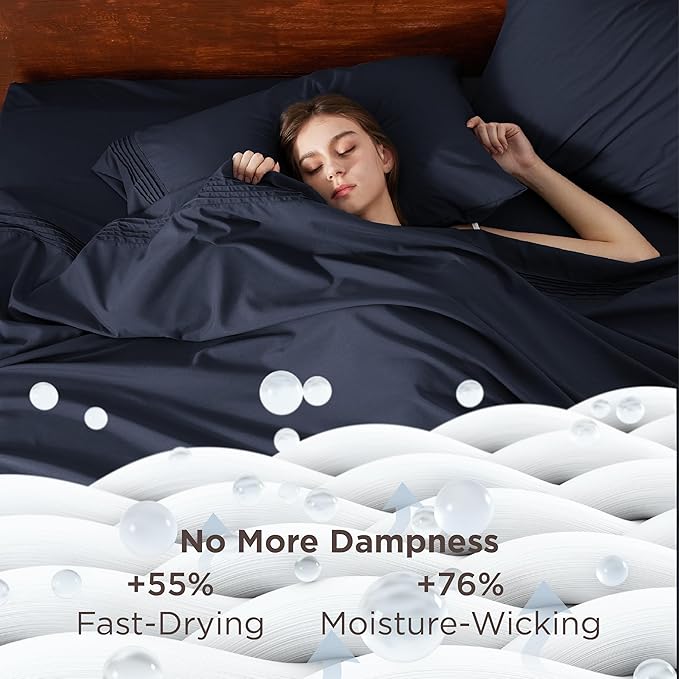 Bedsure Deep Pocket Queen Sheets Set - Fits Mattresses Up to 21 Inches Thick - 4 Piece GentleSoft Bed Sheets, Moisture Wicking, Soft & Cooling Bedsheet & Pillowcases, Easy & Secure Fit, Navy