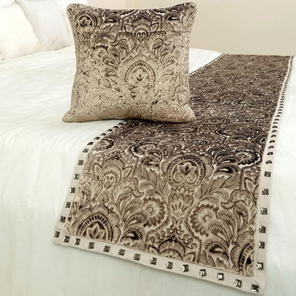 The HomeCentric King/Queen/Twin Beige Decorative CA King 86"x18" Bed Runner with 2 Pillow Cover, Velvet Damask & Crystal Border Bed Scarf on Velvet Fabric - Henriretta