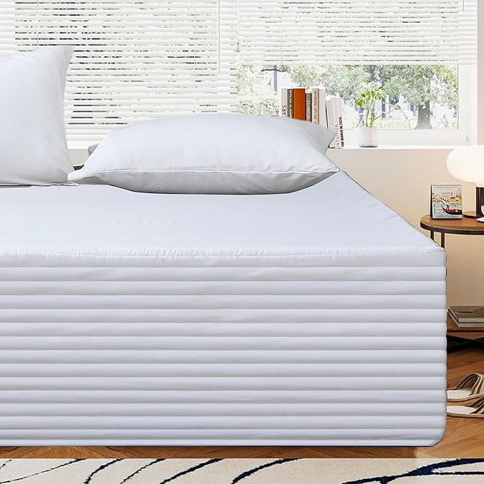 Queen Bed Skirt-Box Spring Cover with 18 Inch Tailored Drop,Wrinkle and Fade Resistant Hotel Wrap Around Bed Skirts,Bed Frame Cover (Horizontal Stripe White, Queen-18 Drop)
