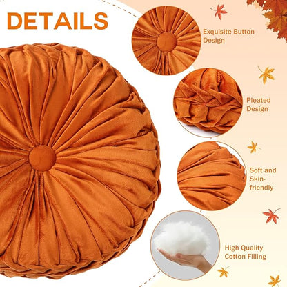 2 Pcs Round Throw Pillows 15 Inch Decorative Velvet Pleated Pumpkin Floor Boho Pillows for Living Room Couch Chair Bed Sofa (Orange)