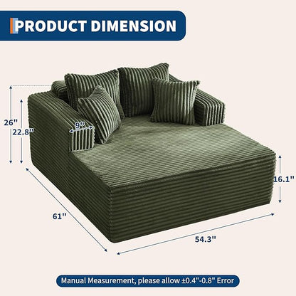 61" Oversized Chaise Lounge Chair Indoor, Boneless Couch Cloud Fluffy Chaise Lounges Corduroy Upholstered Sofa Bed w/Throw Pillows for Living Room Home Green
