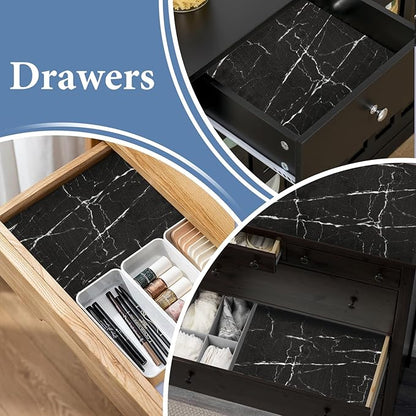 Drawer and Shelf Liner for Kitchen Cabinet: 17 in X 30 Ft Non Slip Waterproof Shelf Paper Non Adhesive Refrigerator Liners Black Marble Easy Liners for Bathroom with Knife Tape Measure