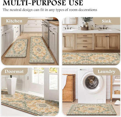 Boho Kitchen Mats for Floor 2 Piece Set Anti Fatigue Cushioned PVC Kitchen Rugs Non Slip Waterproof Farmhouse Mats 2/5 Inch Comfort Standing Mat for Sink, Laundry, 17.3"x59"+17.3"x28", Green Orange