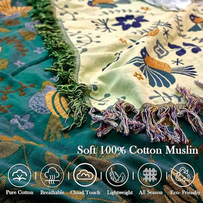 Yellow Boho Throw Blanket, 100% Cotton Blankets for Couch Bed, 50"x60"Cotton Quilt Travel Muslin Blankets Farmhouse Home Decor Soft Lightweight Picnic Blanket for Summer