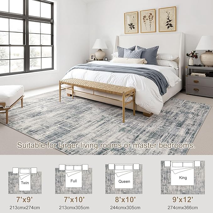 Area Rug for Living Room: 7x9 Washable Neutral Abstract Modern Soft Rugs Non Slip Indoor Floor Stain Resistant Large Carpet for Bedroom Dining Room Office Nursery - Gray