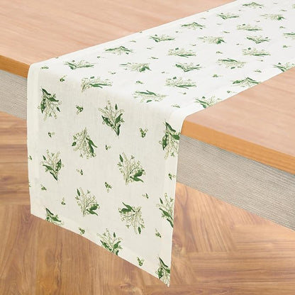 Solino Home Lily Floral Print Table Runner 90 Inches Long - 100% Pure Linen Table Runner 14 x 90 Inch - Lily of The Valley/Off White Print