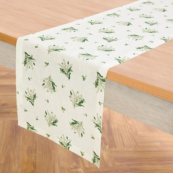 Solino Home Lily Floral Print Table Runner 108 Inches Long - 100% Pure Linen Table Runner 14 x 108 Inch - Lily of The Valley/Off White Print