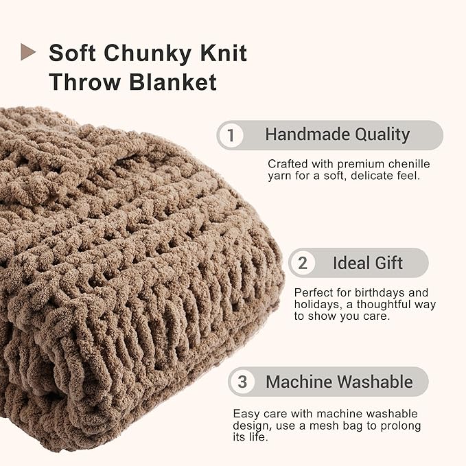 Battilo Beige Chunky Knit Throw Blanket for Couch, Super Soft Thick Warm Cable Knitted Blanket, Khaki Chenille Throw Taupe Blankets for Bed,Sofa, Living Room, 50"x60"
