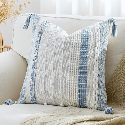 Boho Pillow Cover 18x18 Coastal Blue - Handmade Woven Textured Throw Pillow Case with Cordings & Tassels, Decorative Accent for Couch Sofa Farmhouse Living Room Home Decor