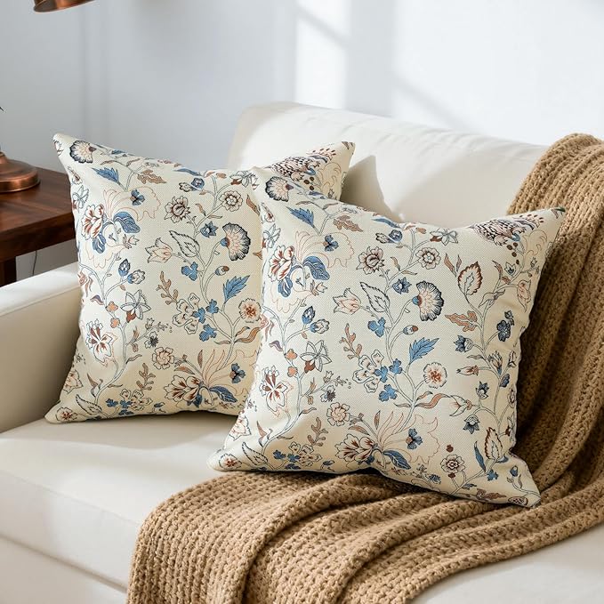 Vintage Flroal Pillow Cover 18x 18 Set of 2, Chinoiserie Blooming Blue Flower Decorative Linen Pillow Cushion Case,Vintage Home Decor for Outdoor Couch Bedroom Car