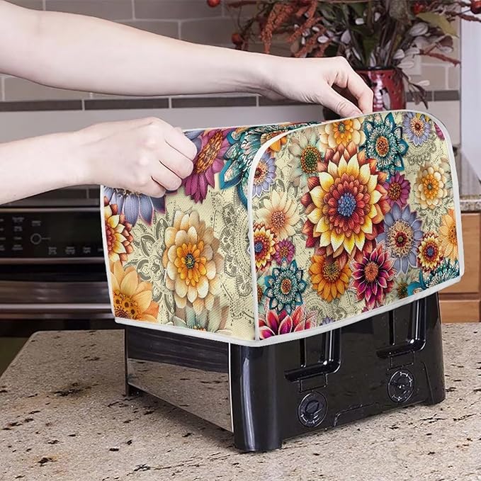Bright Floral Blender Cover Toaster Cover Boho Mandala Floral 4 Slice Coffee Maker Appliance Covers Washable Cover Anti Fingerprint Protection