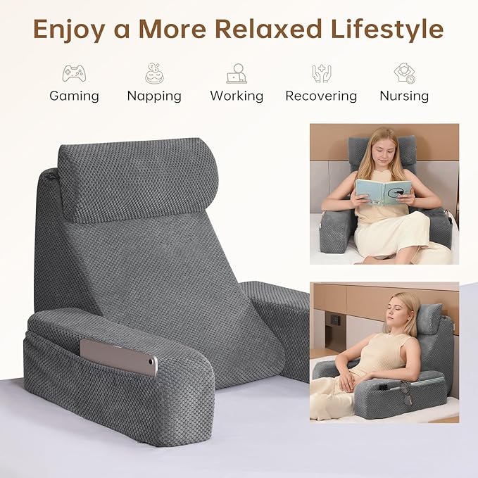 Vekkia Reading Pillow,Back Pillow for Bed Sitting Up Adult,Backrest Support Pillow with Build-in Arms & XL Pockets,Rest Chair for Reading,Gaming,Relaxing,Working or Watching TV in Bed/Floor-19'' Grey