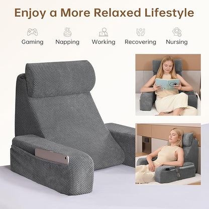 Vekkia Reading Pillow,Back Pillow for Bed Sitting Up Adult,Backrest Support Pillow with Build-in Arms & XL Pockets,Rest Chair for Reading,Gaming,Relaxing,Working or Watching TV in Bed/Floor-19'' Grey