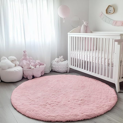 ONASAR Light Pink Round Area Rugs 2ft for Bedroom Living Room, Fluffy Cat Dog Bed Mat, Washable Circle Rug for Kids Girls Boys Teen, Soft Plush Shaggy Carpet for Nursery Dorm Home Decor Aesthetic