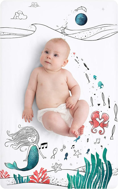 JumpOff Jo - Fitted Mini Crib Sheet for Portable Crib, Playard, and Playpen Mattresses and Mats, Super Soft 100% Cotton, 24 in. x 38 in. - Moonlight Mermaid