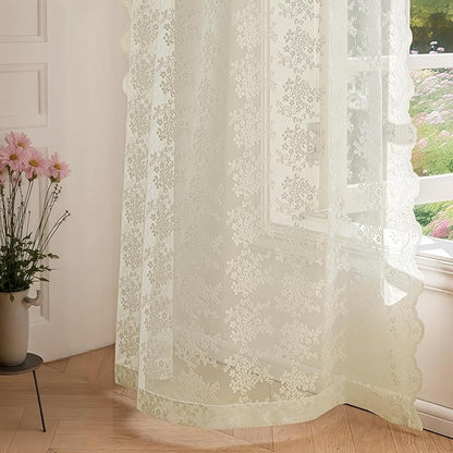 Anmao Vintage Lace Curtains 80 Inches Long 2 Panels Set, Romantic Elegant Light Filtering Semi Sheer Floral Thick Lacy Curtain Drapes for Living Room and Bedroom, Each Panel 55W x 80L, Ivory