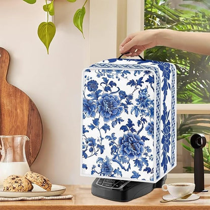 Coffee Maker Cover – Dust Protection Stain Resistant Washable Appliance Cover Kitchen Decoration Gifts For Coffee Lovers Blue White Floral Pattern