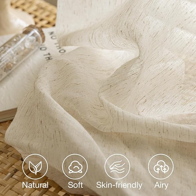 Anmao Flax Linen Curtains for Living Room 96 Inch Length 2 Panels Set, Light Filtering Sheer Window Curtain Drapes for Bedroom with Nickel Grommet, 52 Inch Wide Each Panel, Natural Color