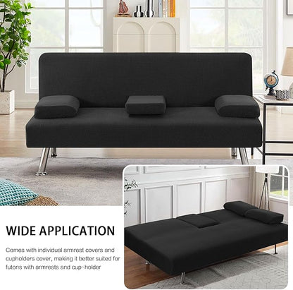 H.VERSAILTEX 4 Pieces Stretch Futon Covers Sofa Bed Slipcover with Removable Armrests and Cupholders Covers Furniture Protector High Spandex Small Checks Jacquard Fabric, Black