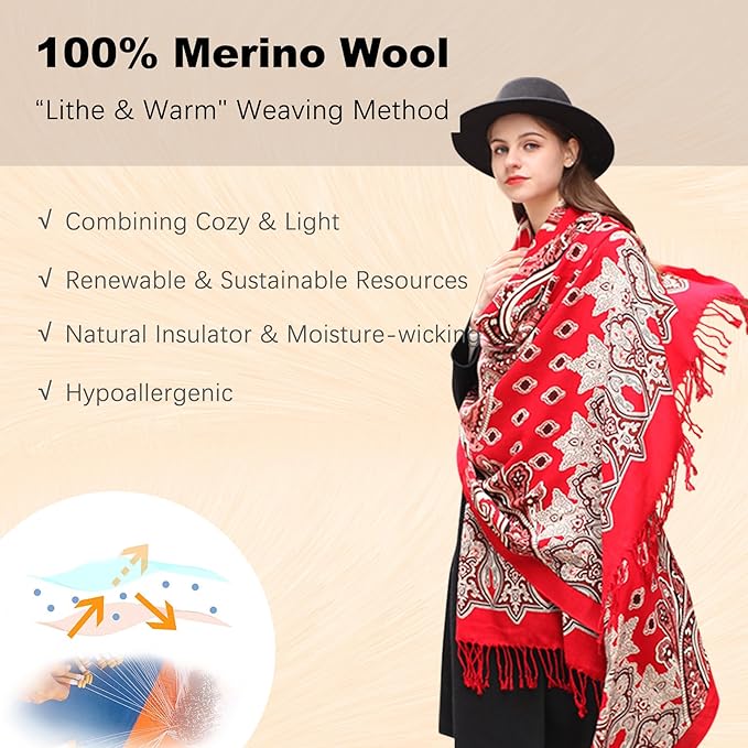 DANA XU 100% Merino Wool Extra Large Pashmina Blanket Travel Scarf Cashmere Wrap for Women Fall Winter Oversize Shawl Floral